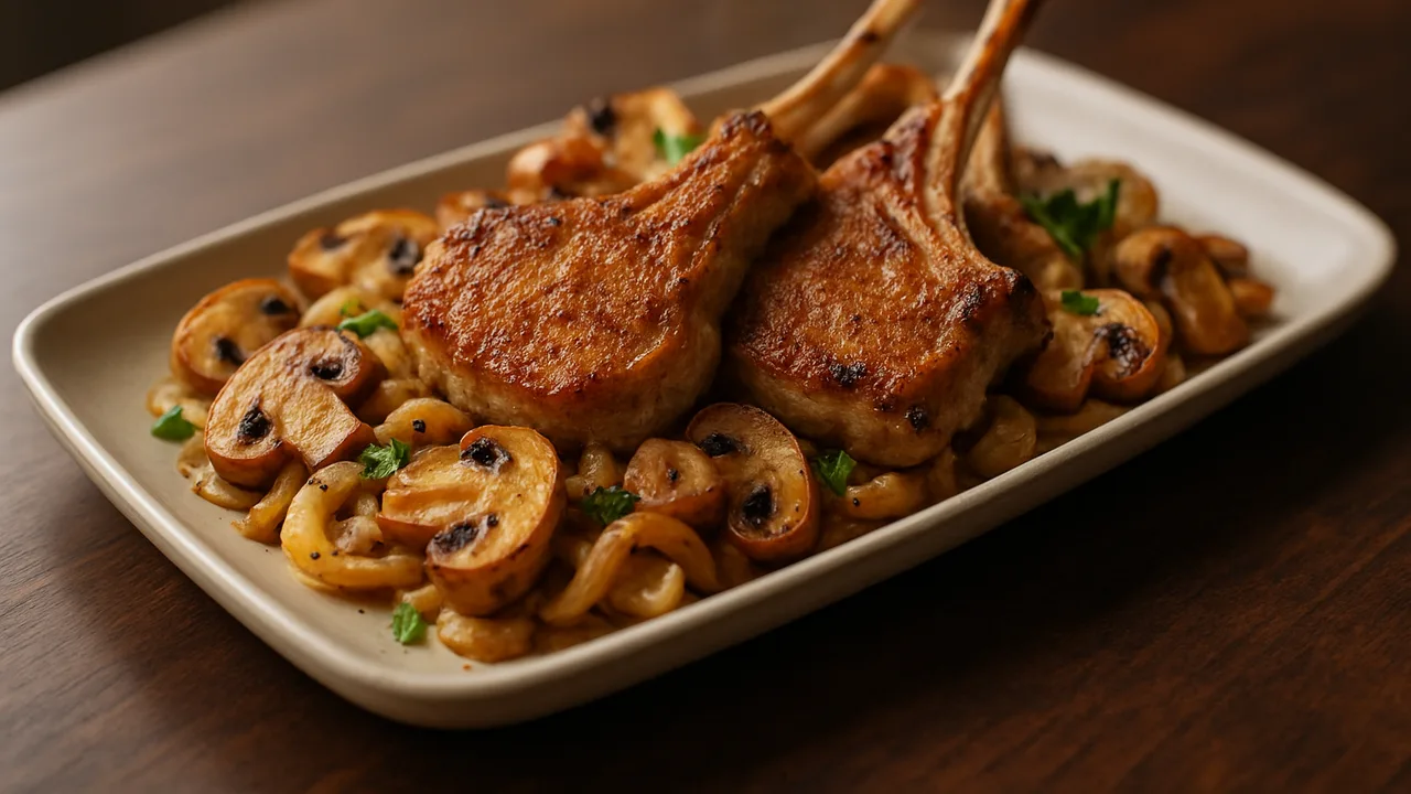 Champignons-Lammkotelett-Auflauf aus dem Airfryer mit Lammkoteletts und Champignons, auf dunklem Walnussholz angerichtet.