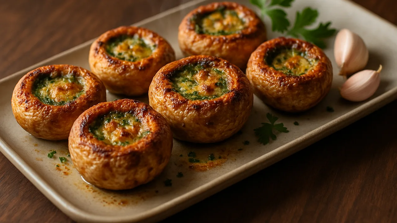Champignons mit Kräuterbutter überbacken aus dem Airfryer mit Champignons und Butter, auf dunklem Walnussholz angerichtet.