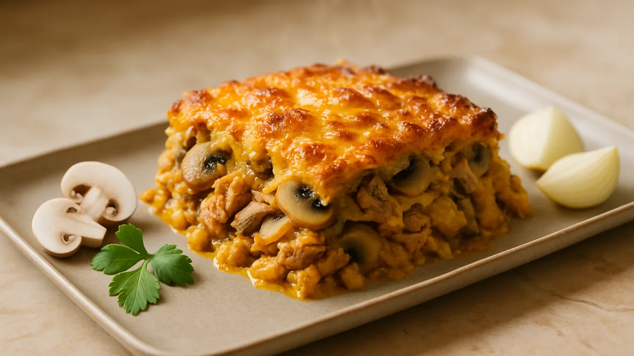 Champignon-Thunfisch-Auflauf mit Curry aus dem Airfryer mit Champignons und Thunfisch (abgetropft), auf beigem Marmor …