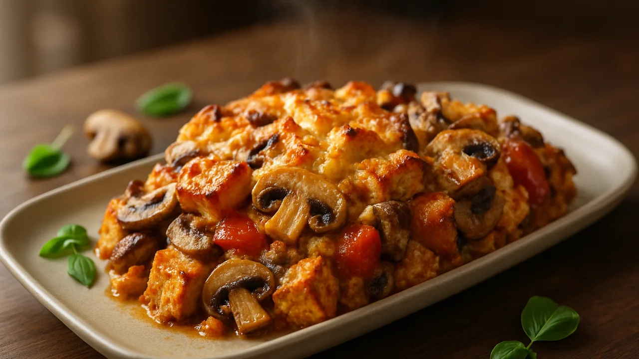 Champignons-Tofu Auflauf aus dem Airfryer mit Tofu und Champignons, auf dunklem Walnussholz angerichtet.