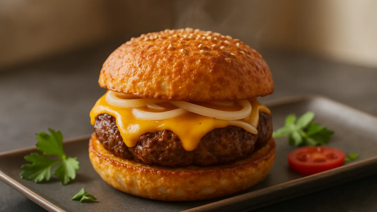 Cheeseburger aus dem Airfryer mit Rinderhackfleisch und Zwiebel, auf dunklem Schiefer angerichtet.