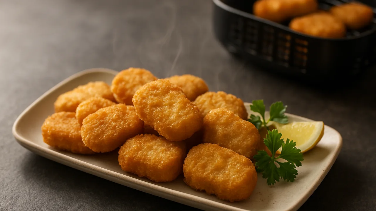 Chicken Nuggets aus dem Airfryer – TK knusprig mit TK Chicken Nuggets, auf dunklem Schiefer angerichtet.