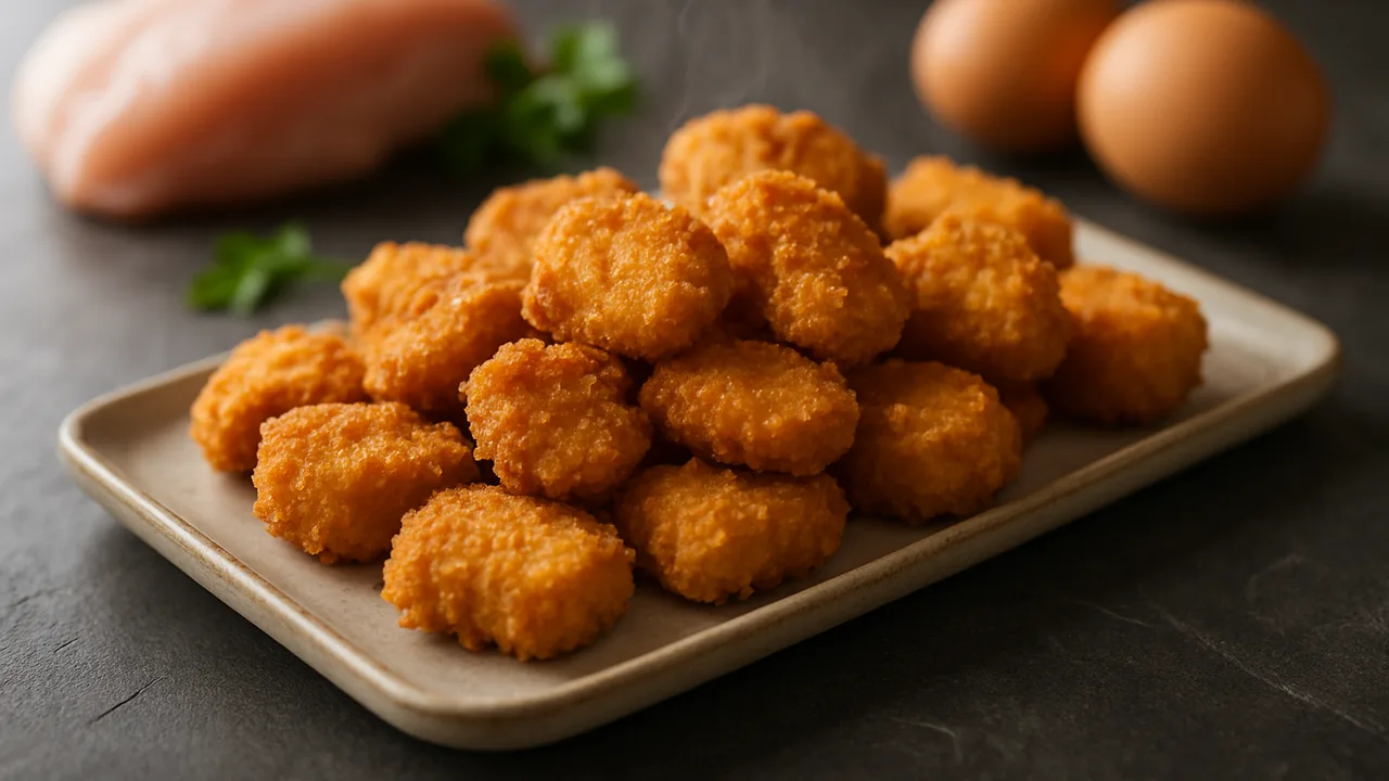 Chicken Nuggets selber machen aus Hähnchenbrust aus dem Airfryer mit Hähnchenbrust und Eier, auf dunklem Schiefer …