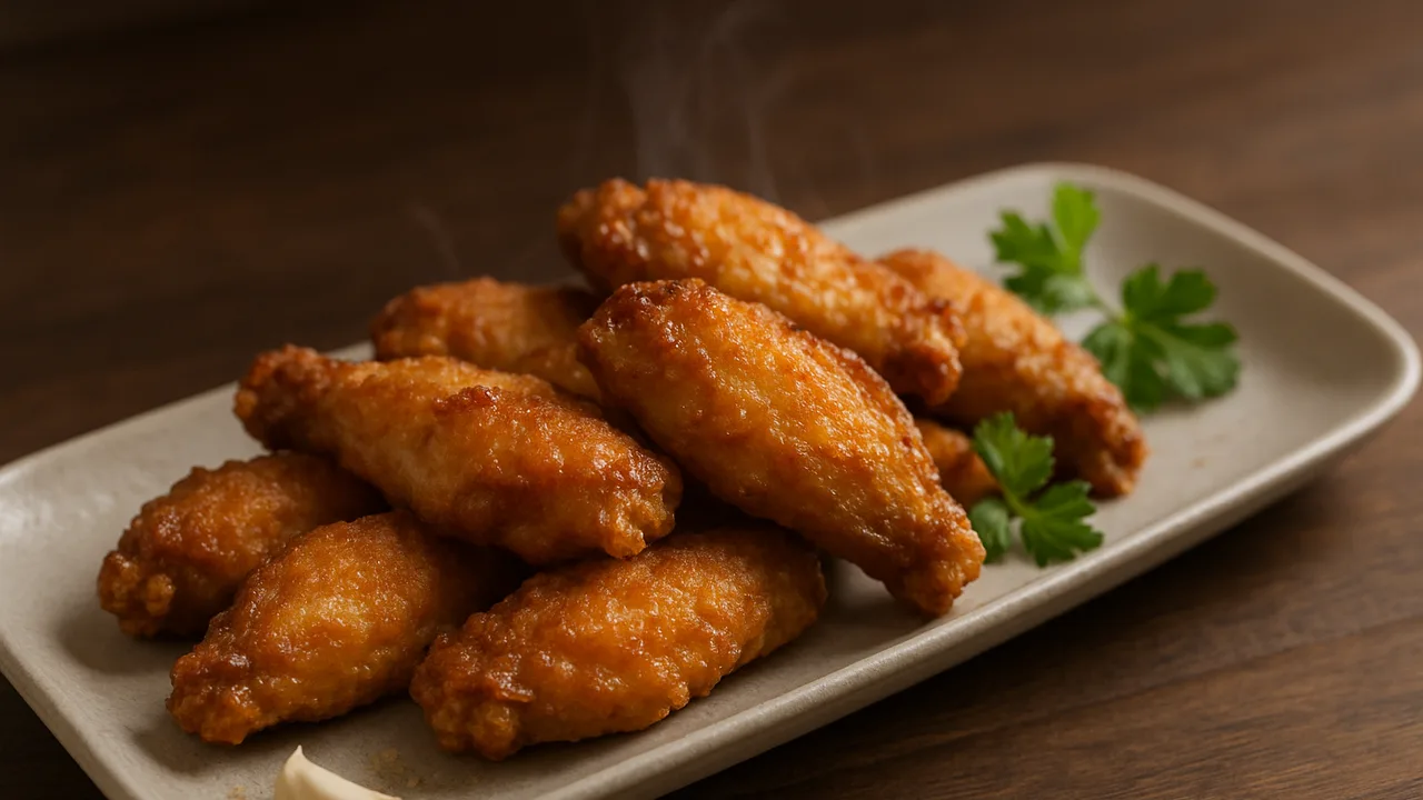 Chicken Wings knusprig ohne Öl aus dem Airfryer mit Hähnchenflügel und Knoblauchpulver, auf dunklem Walnussholz angerichtet.