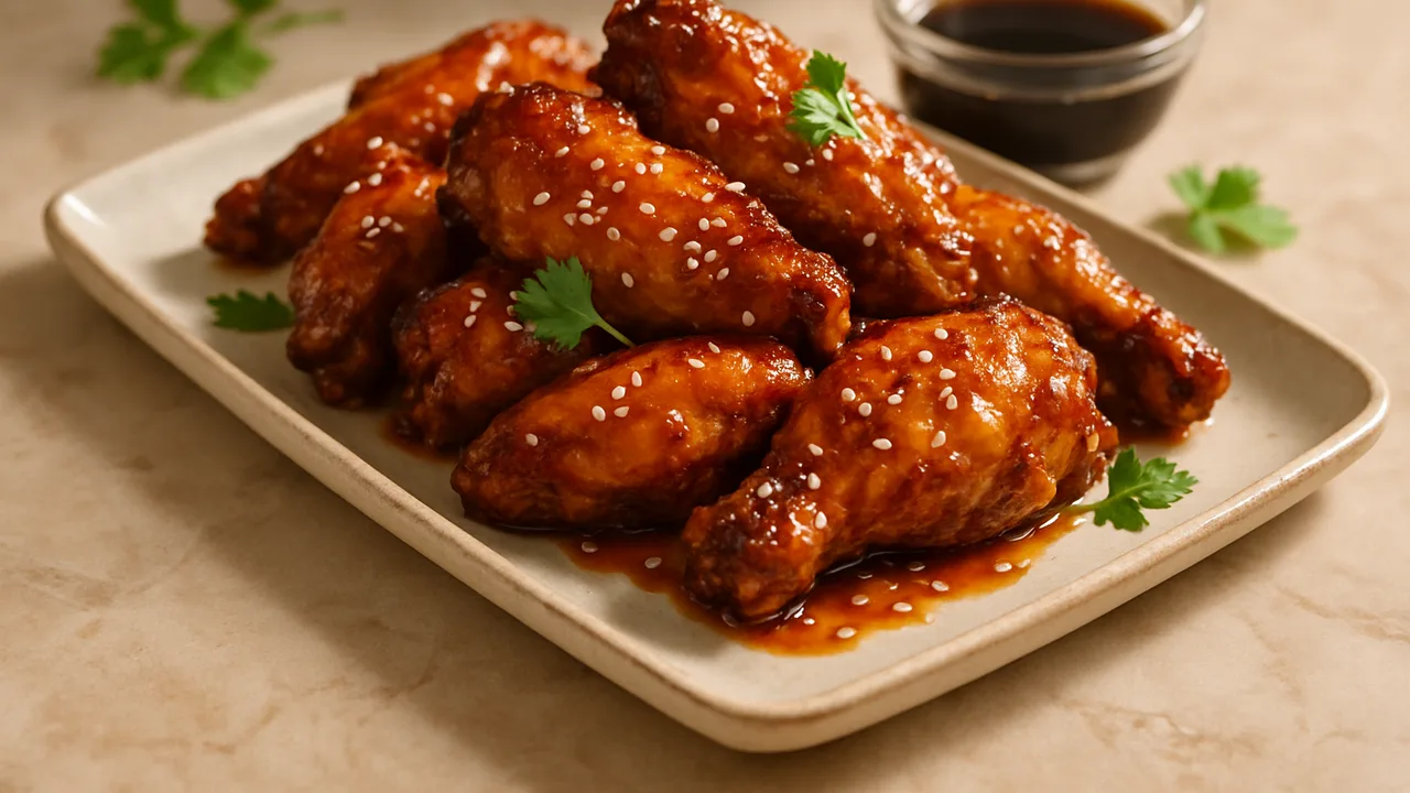 Chicken Wings mit Honig-Soja-Glasur aus dem Airfryer mit Hähnchenflügel und Sojasauce, auf beigem Marmor angerichtet.