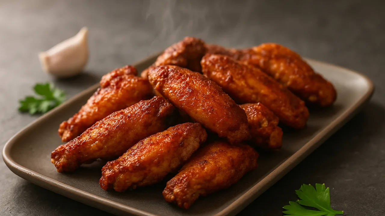 Chicken Wings mit Paprika-Rub aus dem Airfryer mit Hähnchenflügel und Knoblauchpulver, auf dunklem Schiefer angerichtet.