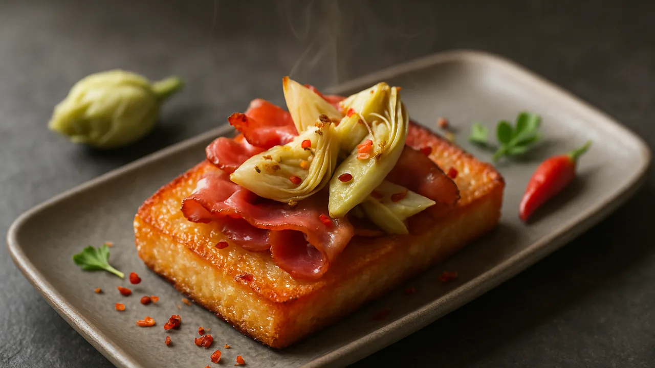 Chili-Artischocke-Speck-Röstchen aus dem Airfryer mit Speck und Artischockenherzen, auf dunklem Schiefer angerichtet.