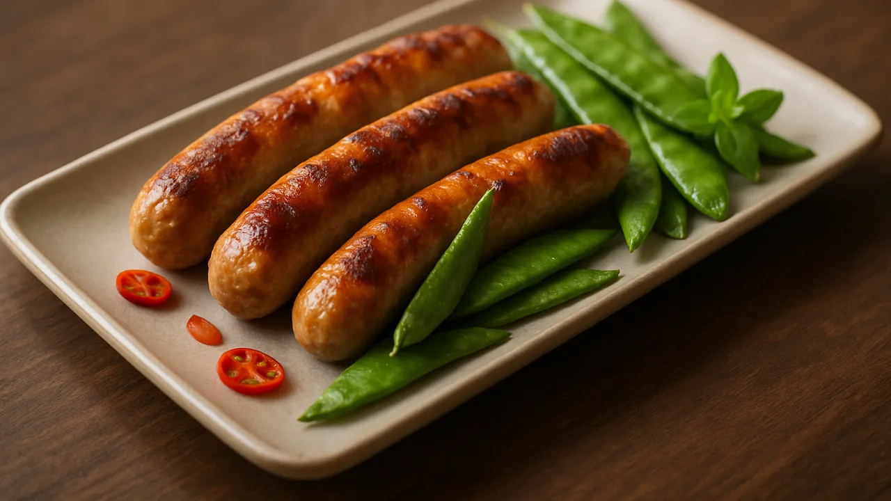 Chili-Bratwurst-Zuckerschoten-Schale aus dem Airfryer mit Bratwürste und Zuckerschoten, auf dunklem Walnussholz angerichtet.