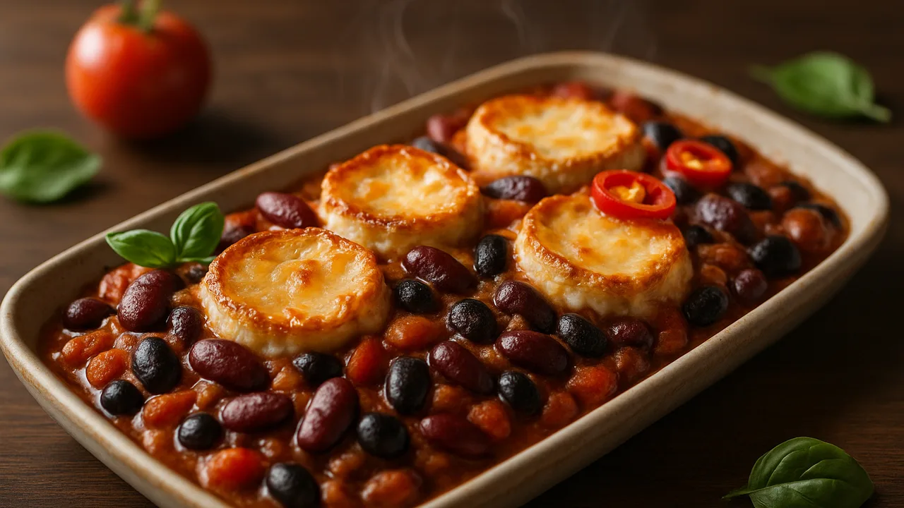 Chili-Camembert-Auflauf aus dem Airfryer mit Kidneybohnen und Schwarze Bohnen, auf dunklem Walnussholz angerichtet.