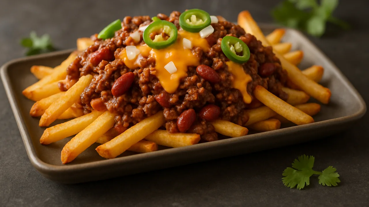 Chili-Cheese-Fries mit Hackfleisch und Bohnen aus dem Airfryer mit Tiefkühl-Pommes und Rinderhackfleisch, auf dunklem …