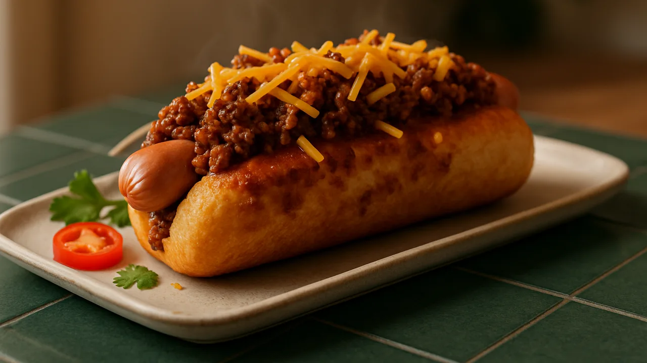 Chili-Cheese-Hot-Dog mit Cheddar aus dem Airfryer mit Wiener Würstchen und Hot-Dog-Brötchen, auf dunkelgrünen Fliesen …
