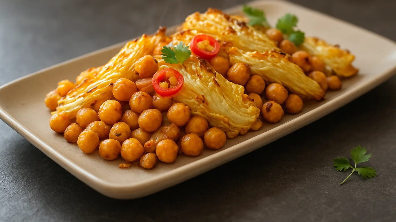 Chili-Chinakohl-Kichererbsen-Röstchen aus dem Airfryer mit Kichererbsen und Chinakohl, auf dunklem Schiefer angerichtet.