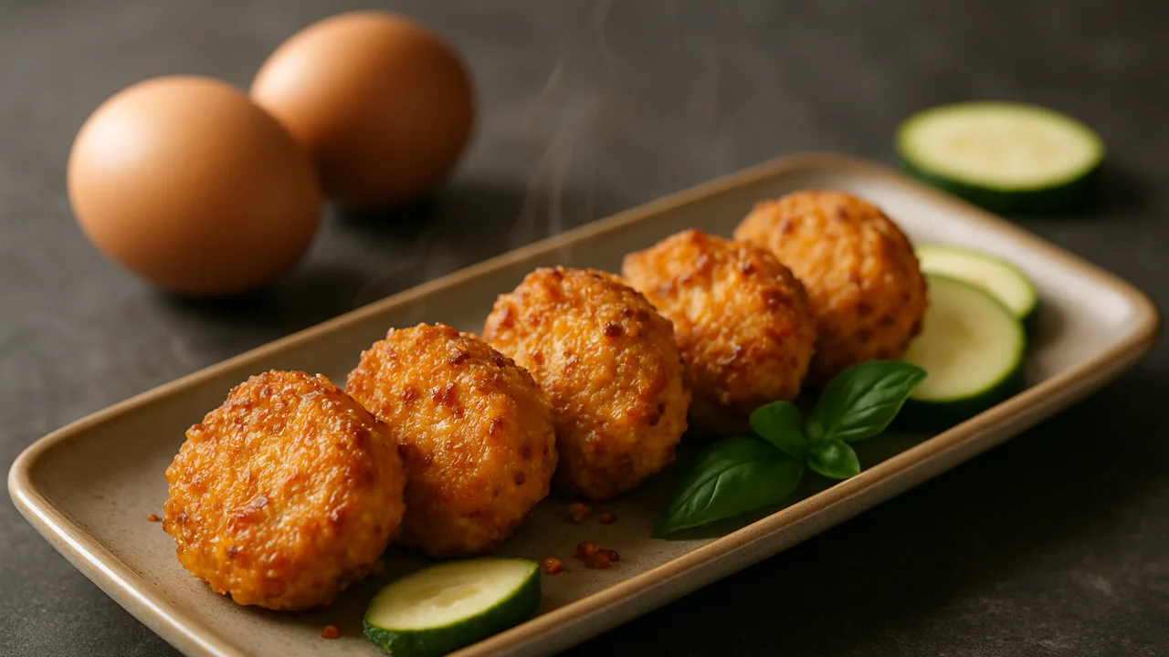 Chili-Ei Nuggets mit Zucchini aus dem Airfryer mit Eier und Ei, auf dunklem Schiefer angerichtet.