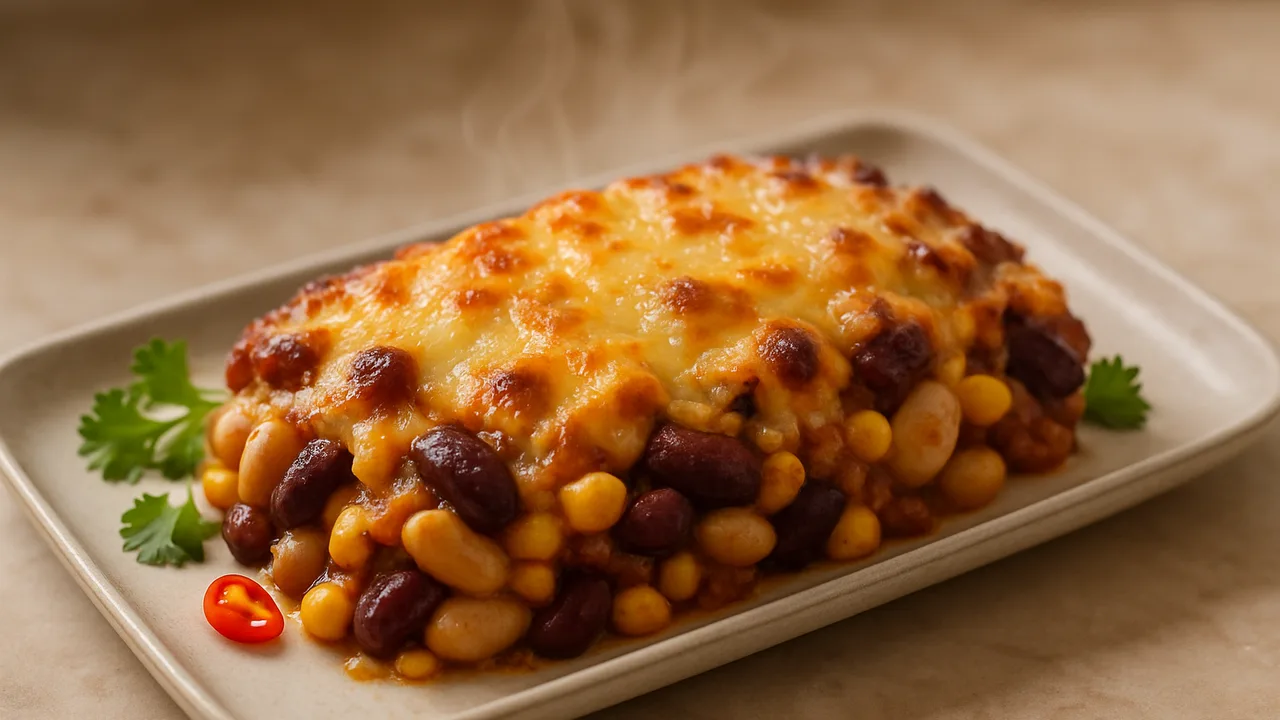 Chili-Emmentaler-Auflauf aus dem Airfryer mit weiße Bohnen und Kidneybohnen, auf beigem Marmor angerichtet.