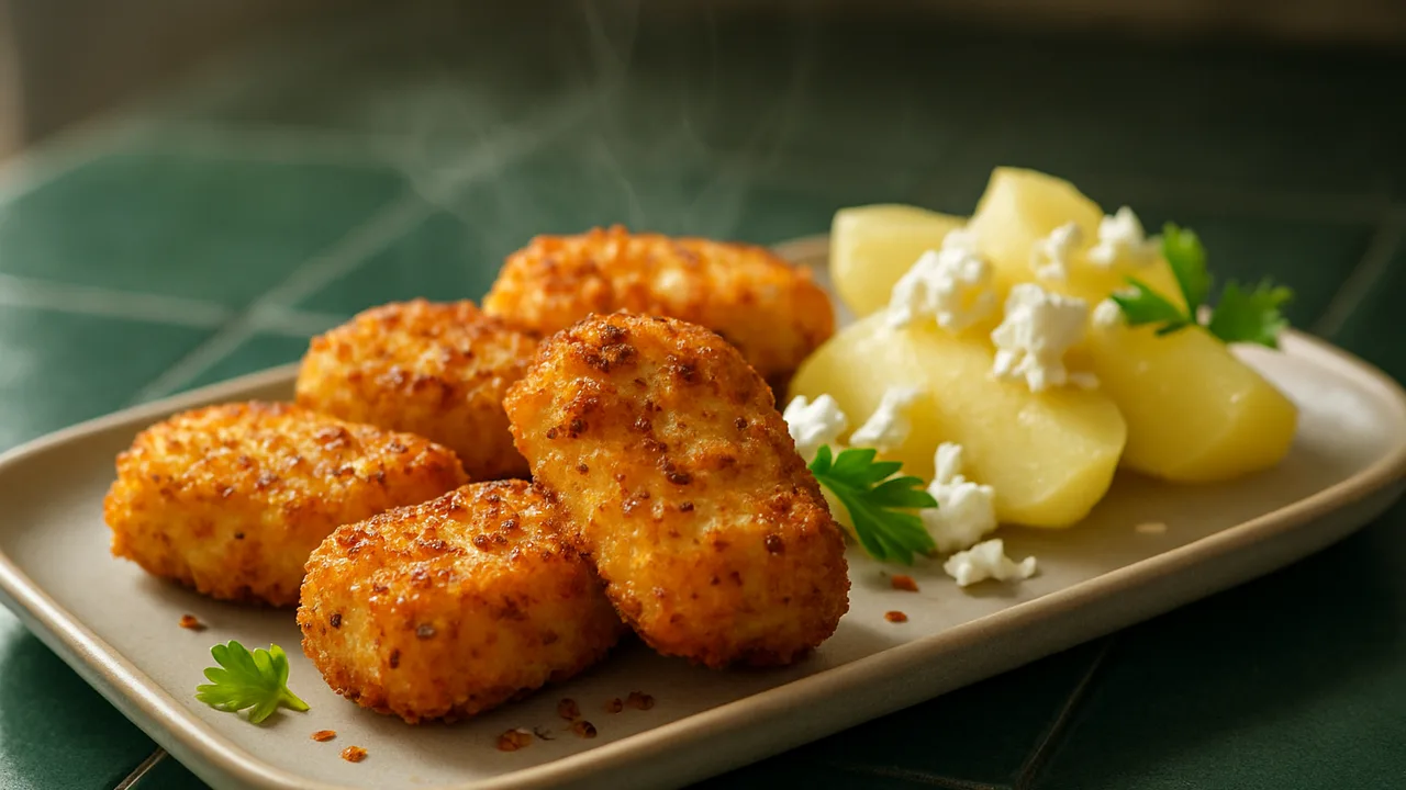 Chili-Feta Nuggets mit Kartoffel aus dem Airfryer mit Feta und Ei, auf dunkelgrünen Fliesen angerichtet.