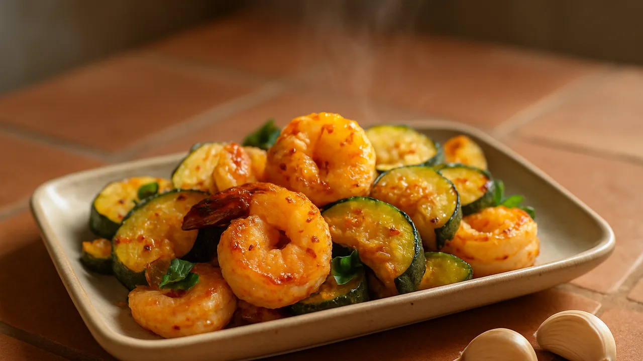 Chili-Garnelen mit Zucchini aus dem Airfryer mit Garnelen und Zucchini, auf Terracotta-Fliesen angerichtet.