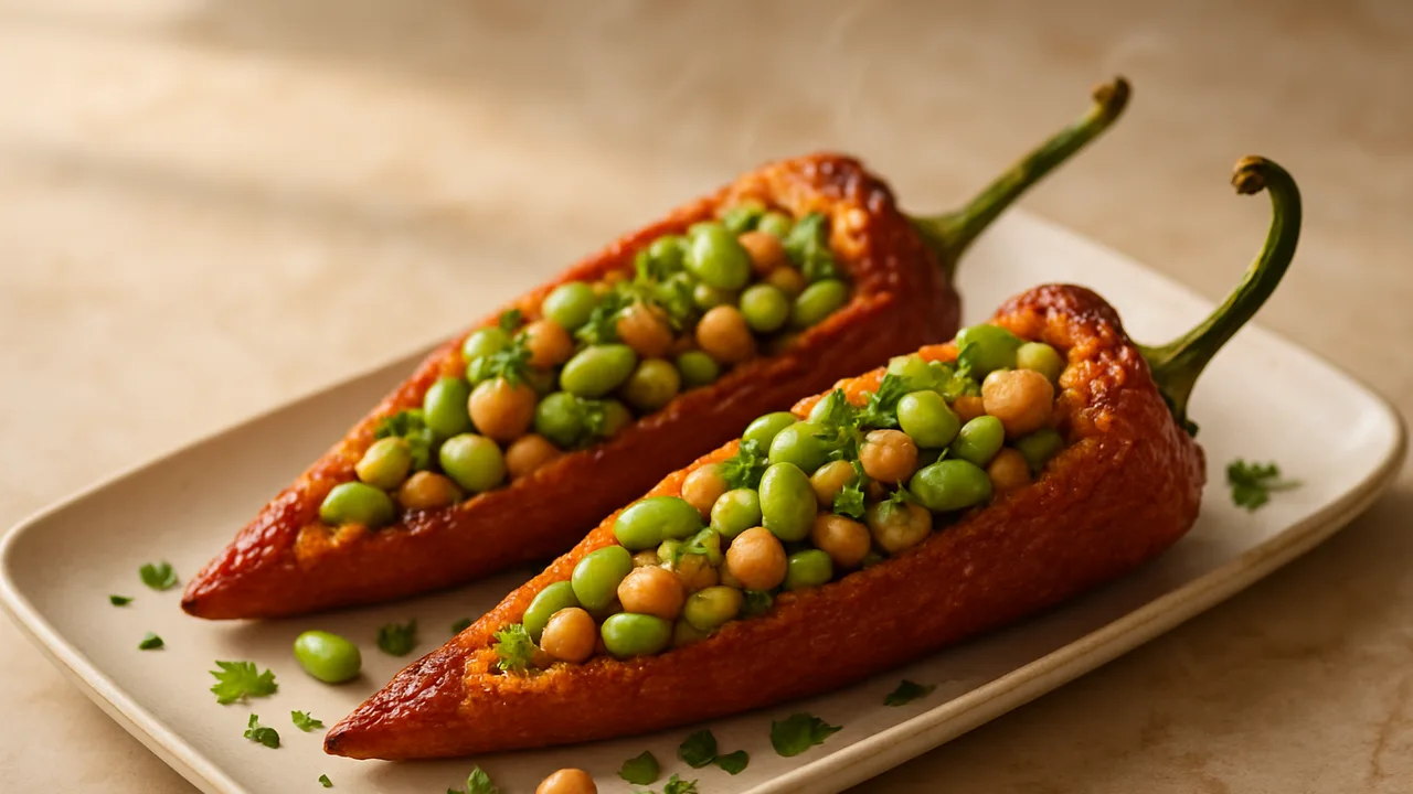 Chili gefüllt mit Edamame und Kräutern aus dem Airfryer mit große Chilischoten und Edamame, ausgelöst, auf beigem Marmor …