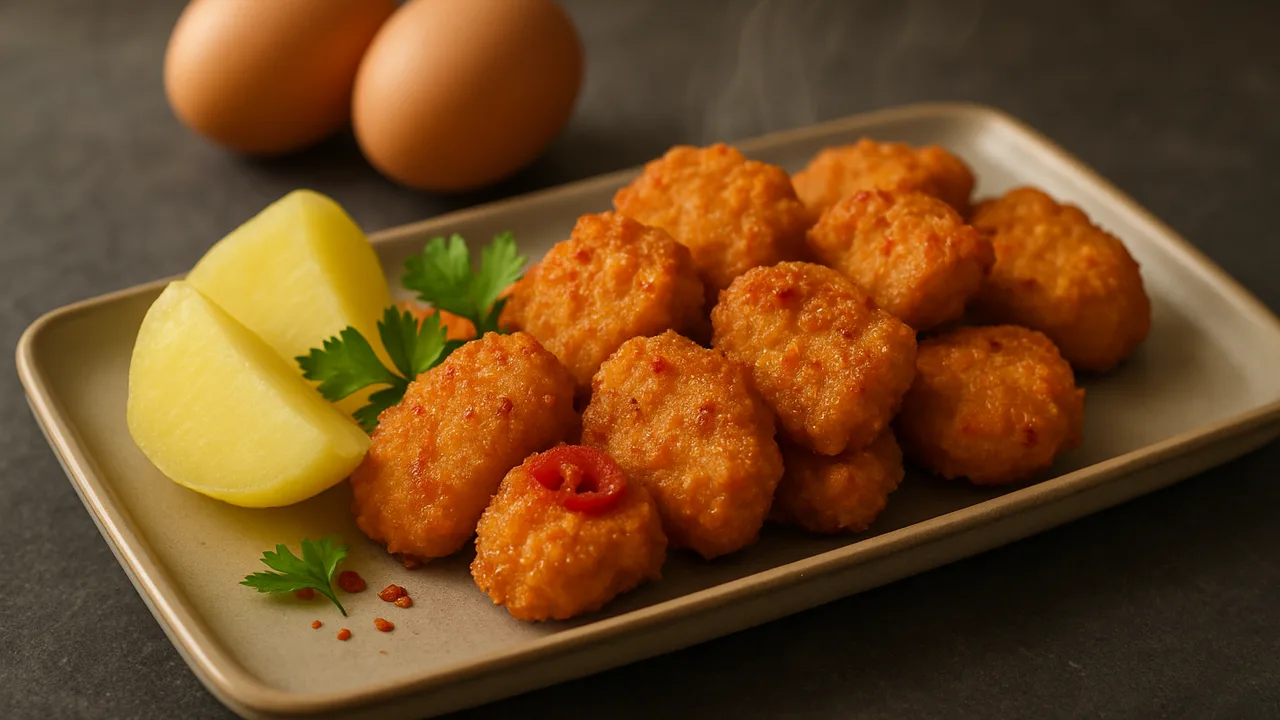 Chili-Hähnchenbrust Nuggets mit Kartoffel aus dem Airfryer mit Hähnchenbrust und Kartoffeln, auf dunklem Schiefer …