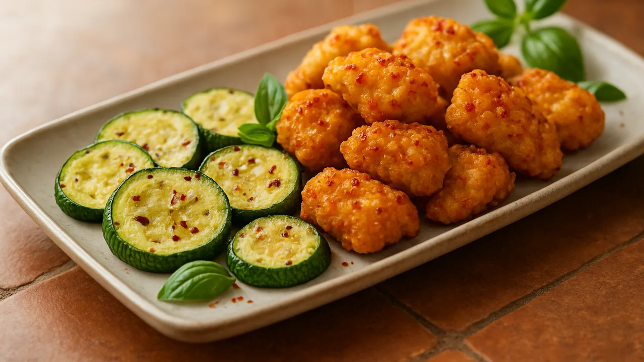 Chili-Hähnchenbrust Nuggets mit Zucchini aus dem Airfryer mit Hähnchenbrust und Ei, auf Terracotta-Fliesen angerichtet.