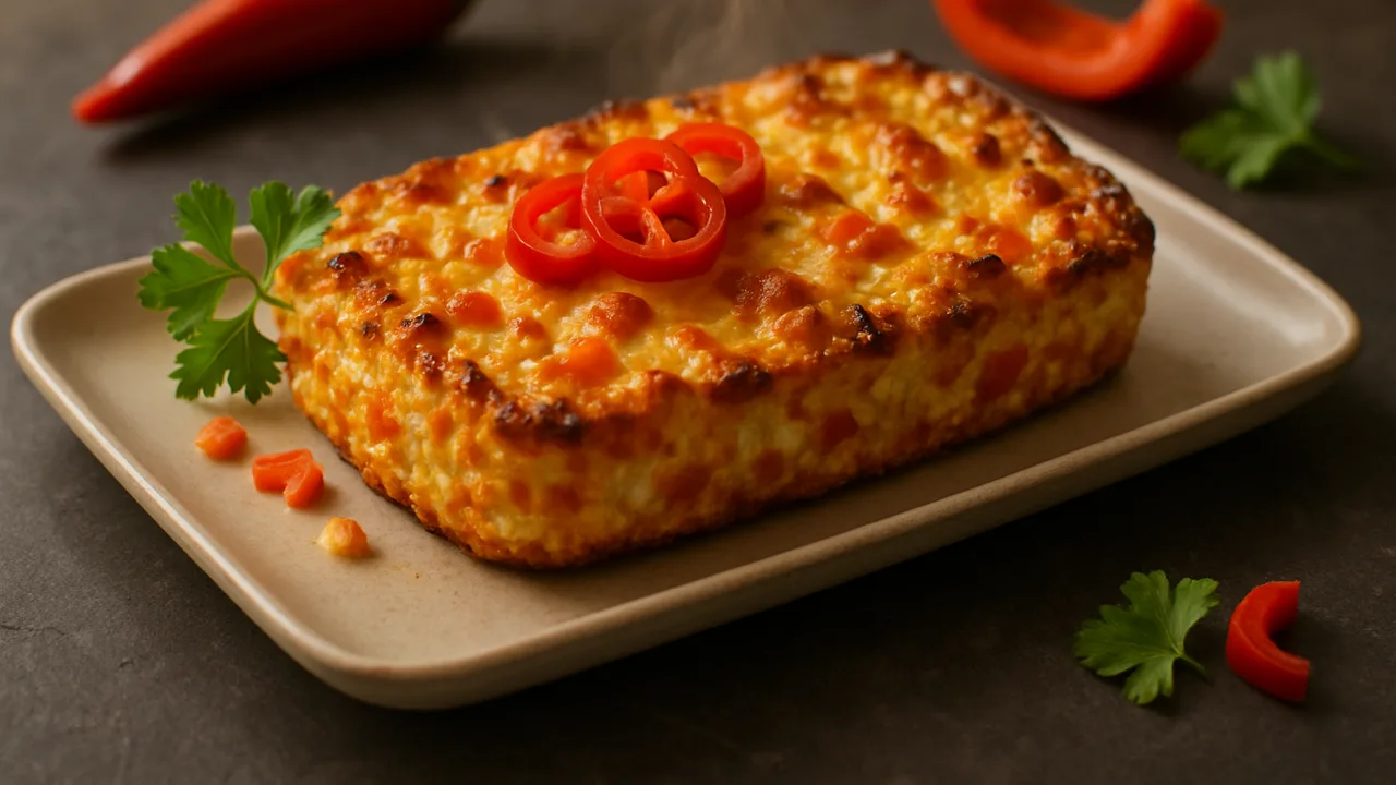 Chili-Hüttenkäse-Auflauf aus dem Airfryer mit Hüttenkäse und Eier, auf dunklem Schiefer angerichtet.