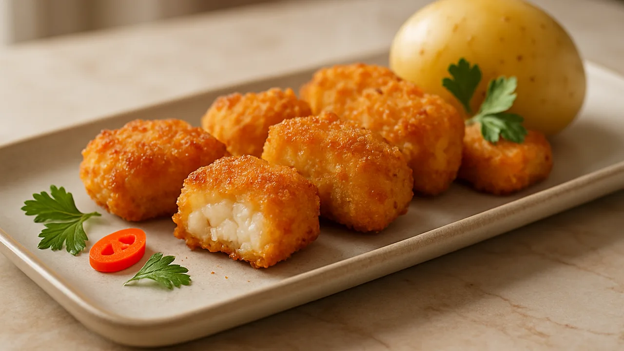 Chili-Kabeljau Nuggets mit Kartoffel aus dem Airfryer mit Kabeljaufilet und Kartoffeln, auf beigem Marmor angerichtet.