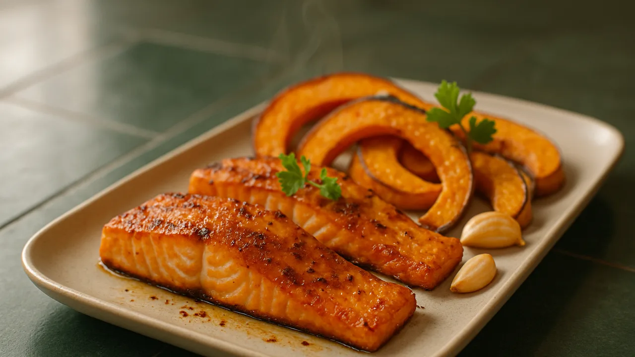 Chili-Lachs mit Kürbis aus dem Airfryer mit Lachsfilets und Hokkaido-Kürbis, auf dunkelgrünen Fliesen angerichtet.