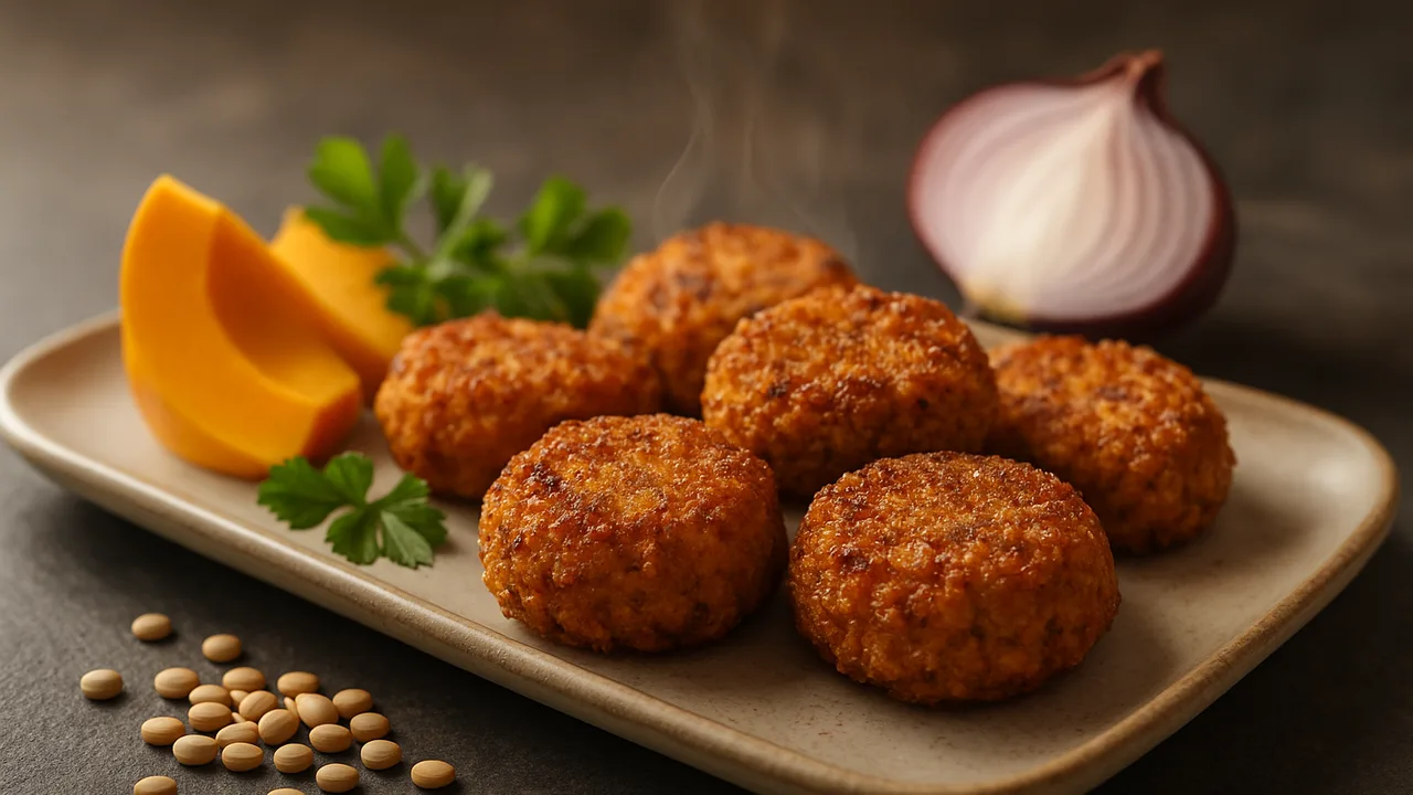 Chili-Linsen Nuggets mit Kürbis aus dem Airfryer mit Linsen und Ei, auf dunklem Schiefer angerichtet.