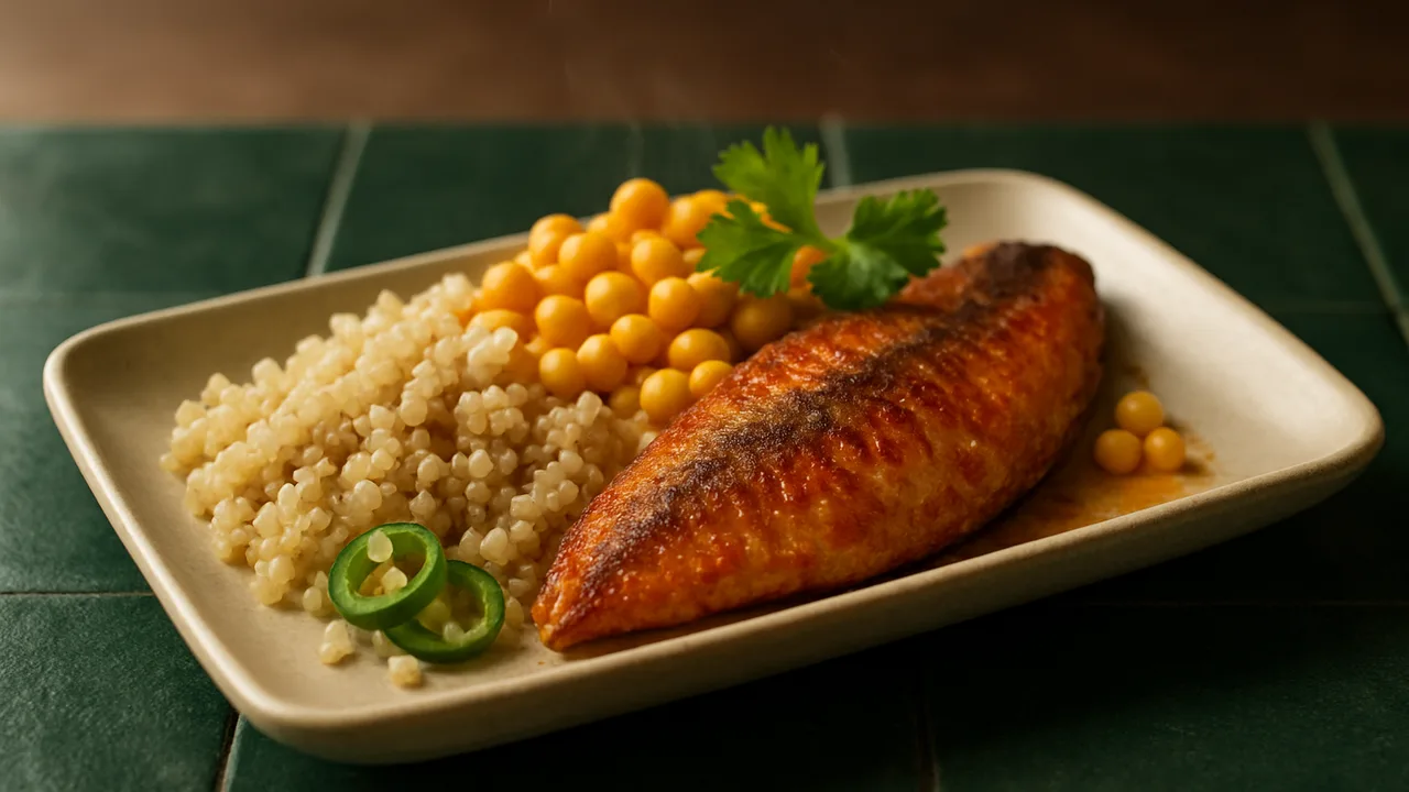 Chili-Makrele Bowl mit Bulgur und Mais aus dem Airfryer mit Makrelenfilet und Mais, auf dunkelgrünen Fliesen angerichtet.