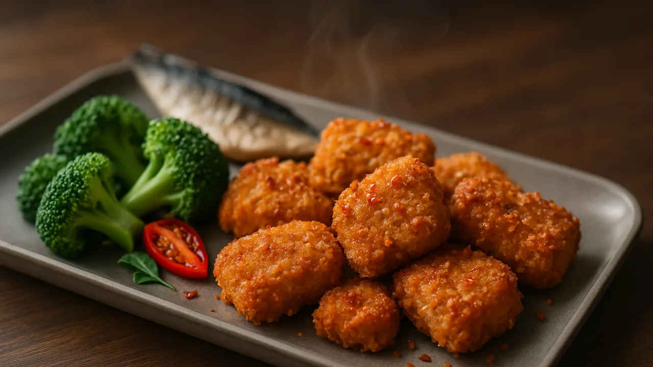 Chili-Makrele Nuggets mit Brokkoli aus dem Airfryer mit Makrelenfilet und Ei, auf dunklem Walnussholz angerichtet.