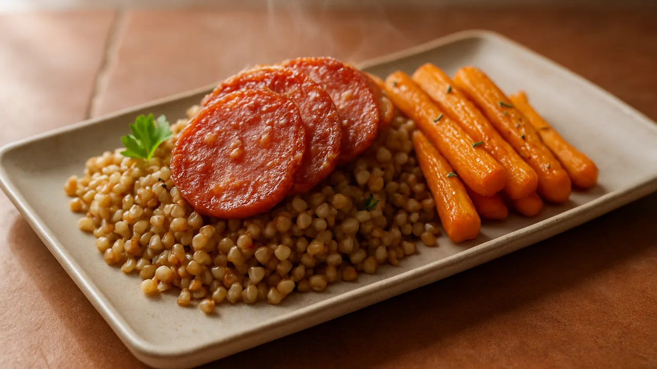 Chili-Salami Bowl mit Buchweizen und Karotte aus dem Airfryer mit Buchweizen und Karotte, auf Terracotta-Fliesen angerichtet.