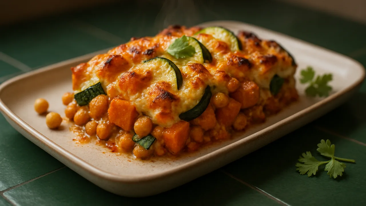 Chili-Schmand-Auflauf aus dem Airfryer mit Süßkartoffel und Zucchini, auf dunkelgrünen Fliesen angerichtet.