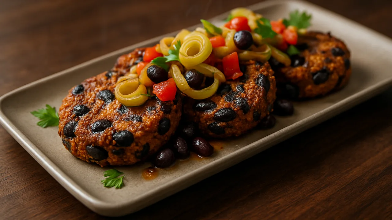 Chili-Schwarze Bohnen mit Lauch aus dem Airfryer mit schwarze Bohnen und Lauch, auf dunklem Walnussholz angerichtet.
