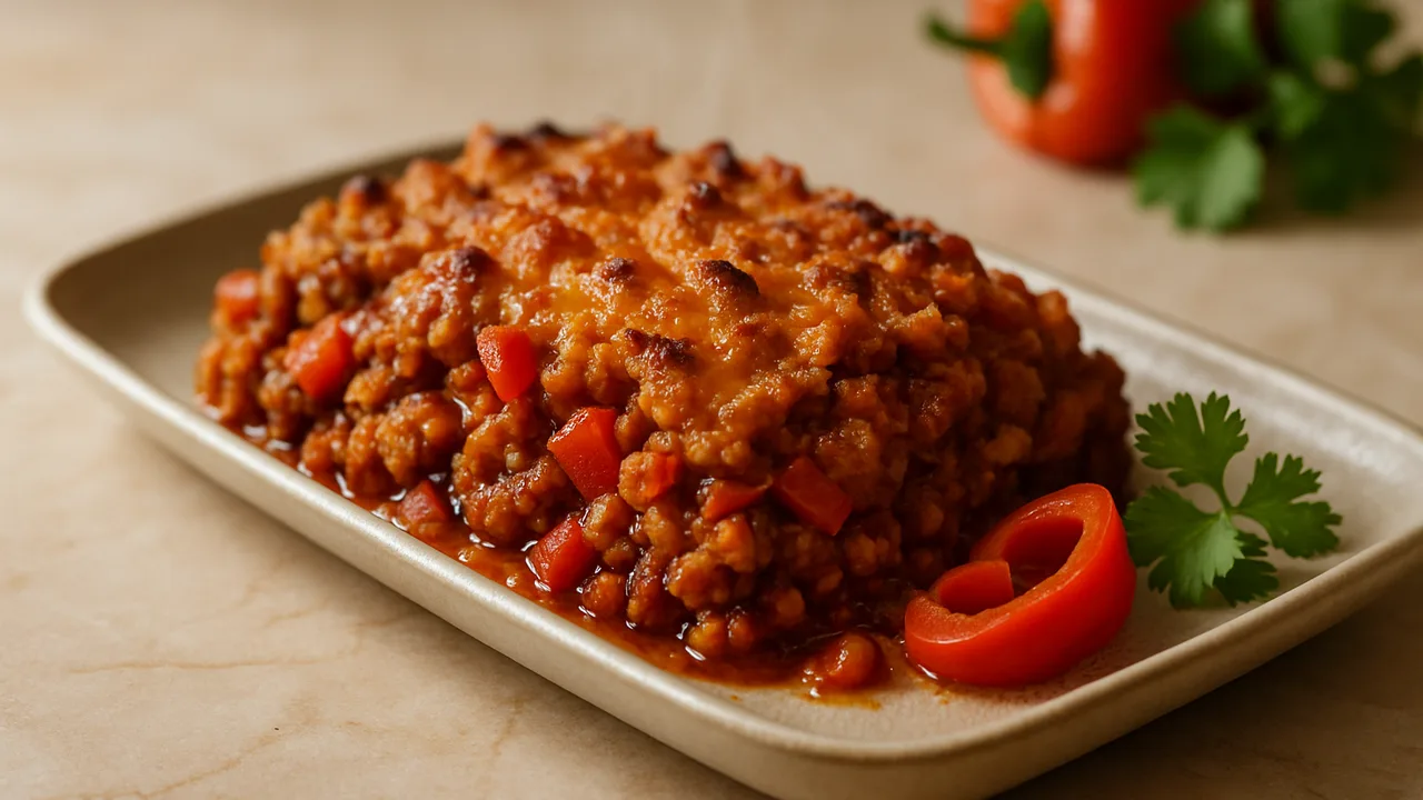 Chili-Sojaschnetzel-Auflauf aus dem Airfryer mit Sojaschnetzel (getrocknet) und Gemüsebrühe, auf beigem Marmor angerichtet.