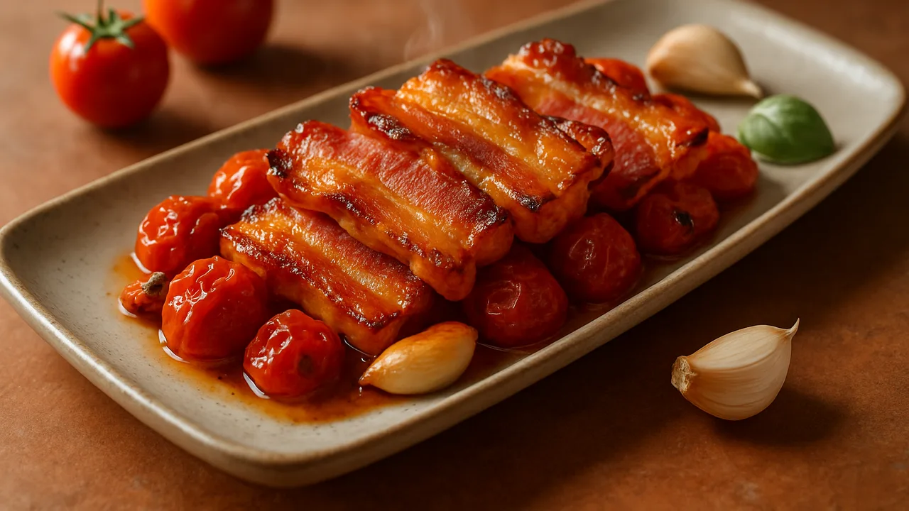 Chili-Speck mit Tomaten aus dem Airfryer mit Speck und Tomaten, auf Terracotta-Fliesen angerichtet.