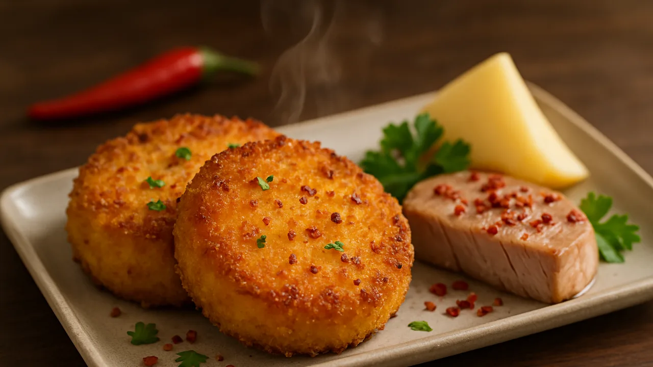 Chili-Steckrübe-Thunfisch-Röstchen aus dem Airfryer mit Steckrübe und Thunfischsteaks, auf dunklem Walnussholz angerichtet.
