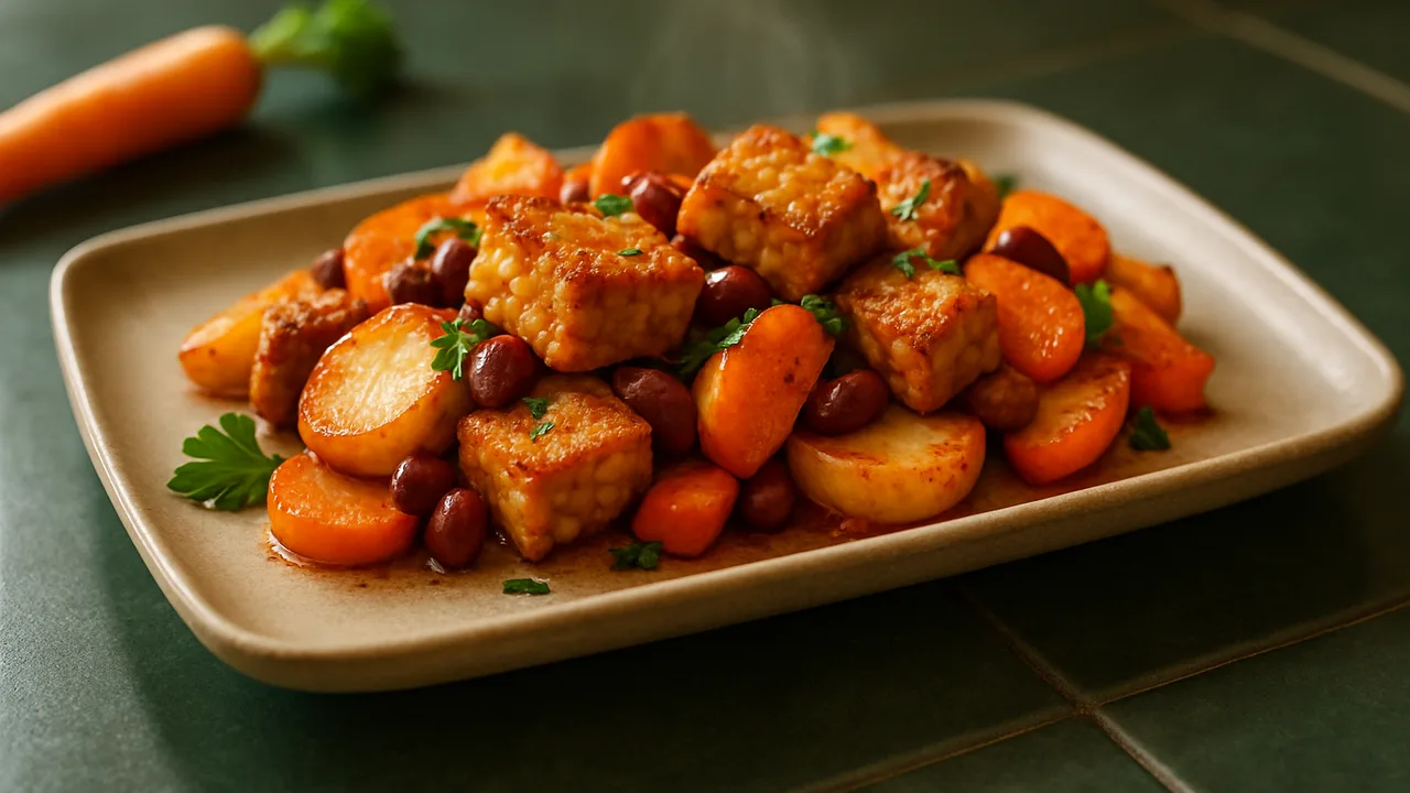 Chili-Tempeh Auflauf aus dem Airfryer mit Tempeh und Kartoffeln, auf dunkelgrünen Fliesen angerichtet.