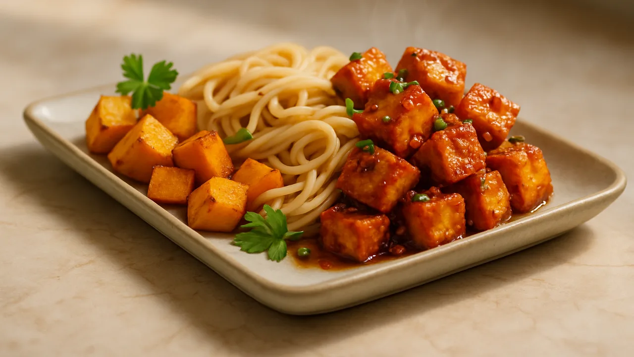 Chili-Tofu Bowl mit Nudeln und Kürbis aus dem Airfryer mit Tofu und Kürbis, auf beigem Marmor angerichtet.