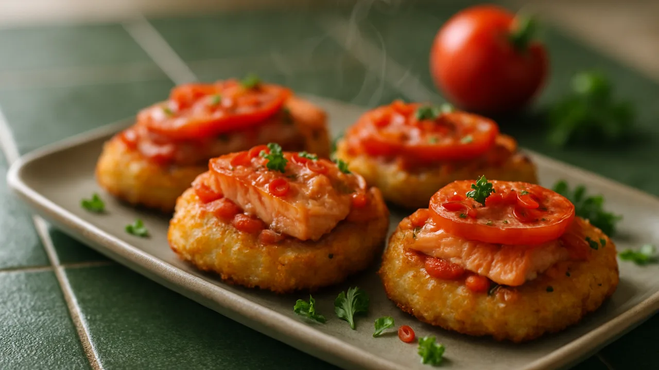Chili-Tomaten-Lachs-Röstchen aus dem Airfryer mit Lachsfilet und Tomaten, auf dunkelgrünen Fliesen angerichtet.