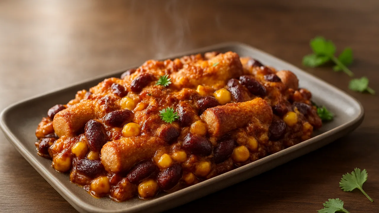 Chili-Wiener Würstchen Auflauf aus dem Airfryer mit Wiener Würstchen und Kidneybohnen, auf dunklem Walnussholz angerichtet.