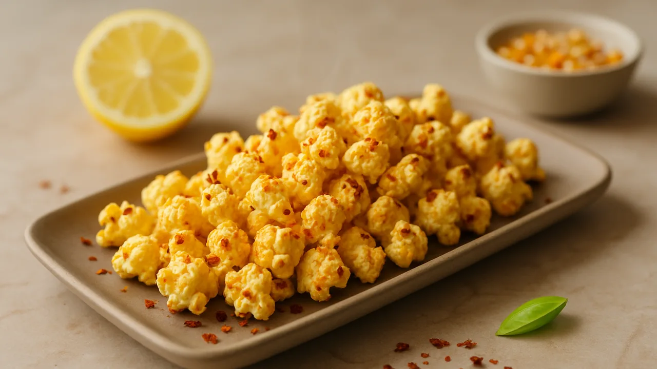 Chili-Zitronen-Popcorn aus dem Airfryer mit Popcornmais und Chiliflocken, auf beigem Marmor angerichtet.