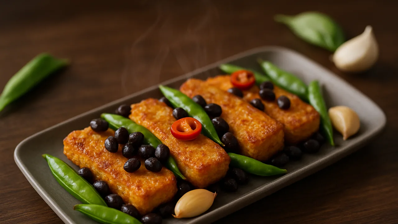 Chili-Zuckerschoten-Schwarze-Bohnen-Röstchen aus dem Airfryer mit schwarze Bohnen und Zuckerschoten, auf dunklem …