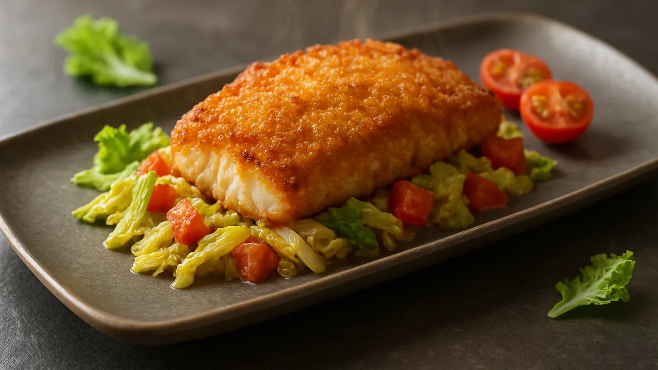 Ofenfrisch Chinakohl-Rotbarsch-Röstchen aus dem Airfryer mit Rotbarschfilet und Chinakohl, auf dunklem Schiefer angerichtet.