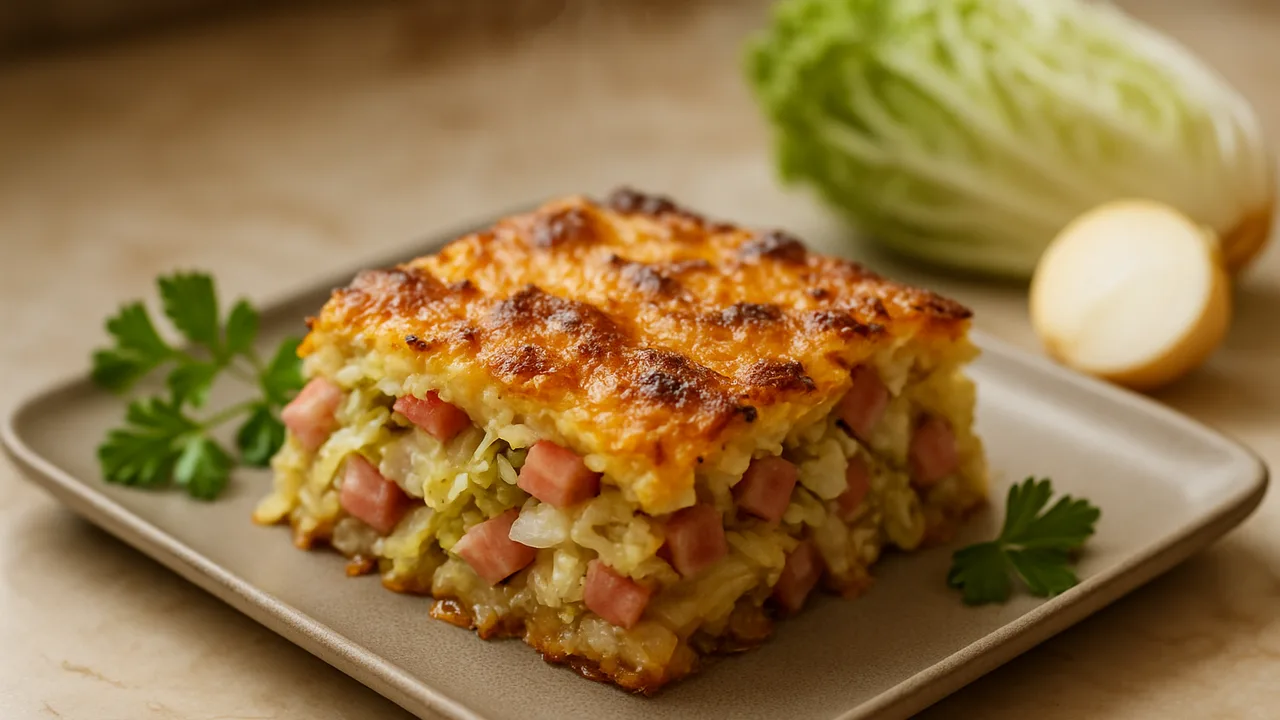 Chinakohl-Schinken Auflauf aus dem Airfryer mit Chinakohl und Schinken, auf beigem Marmor angerichtet.