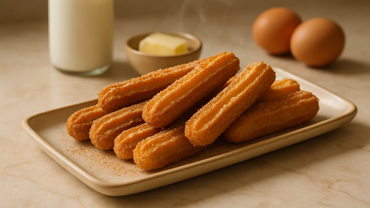 Churros aus dem Airfryer mit Zimtzucker mit Milch und Butter, auf beigem Marmor angerichtet.