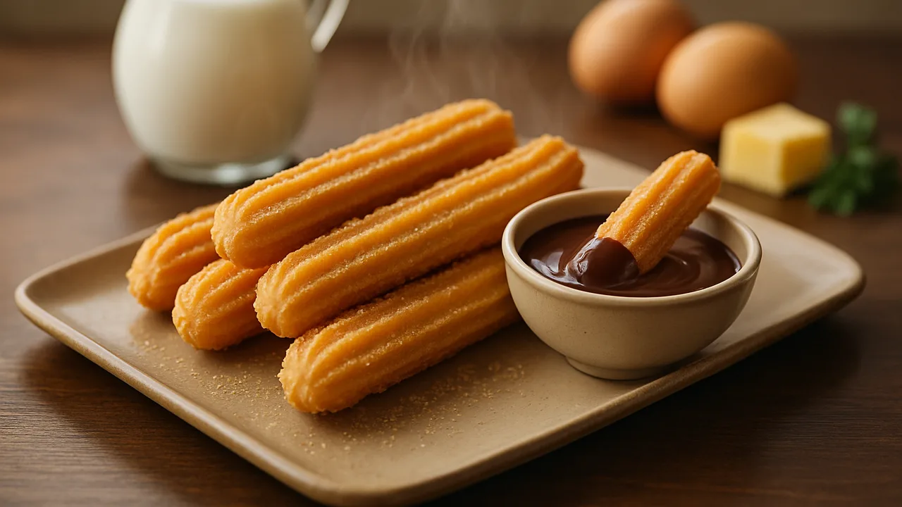 Churros mit Schokoladensauce aus dem Airfryer mit Milch und Butter, auf dunklem Walnussholz angerichtet.