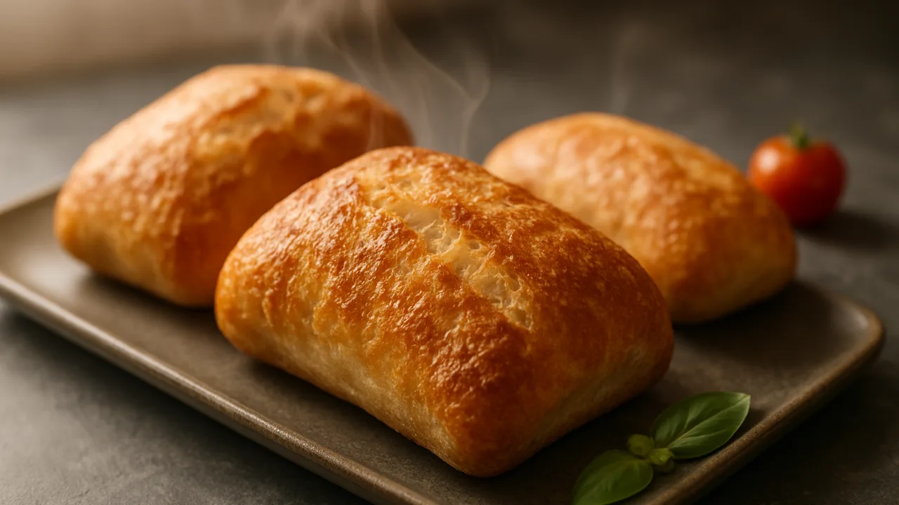 Ciabatta aufbacken und wieder knusprig machen aus dem Airfryer mit Ciabatta-Brötchen, auf dunklem Schiefer angerichtet.