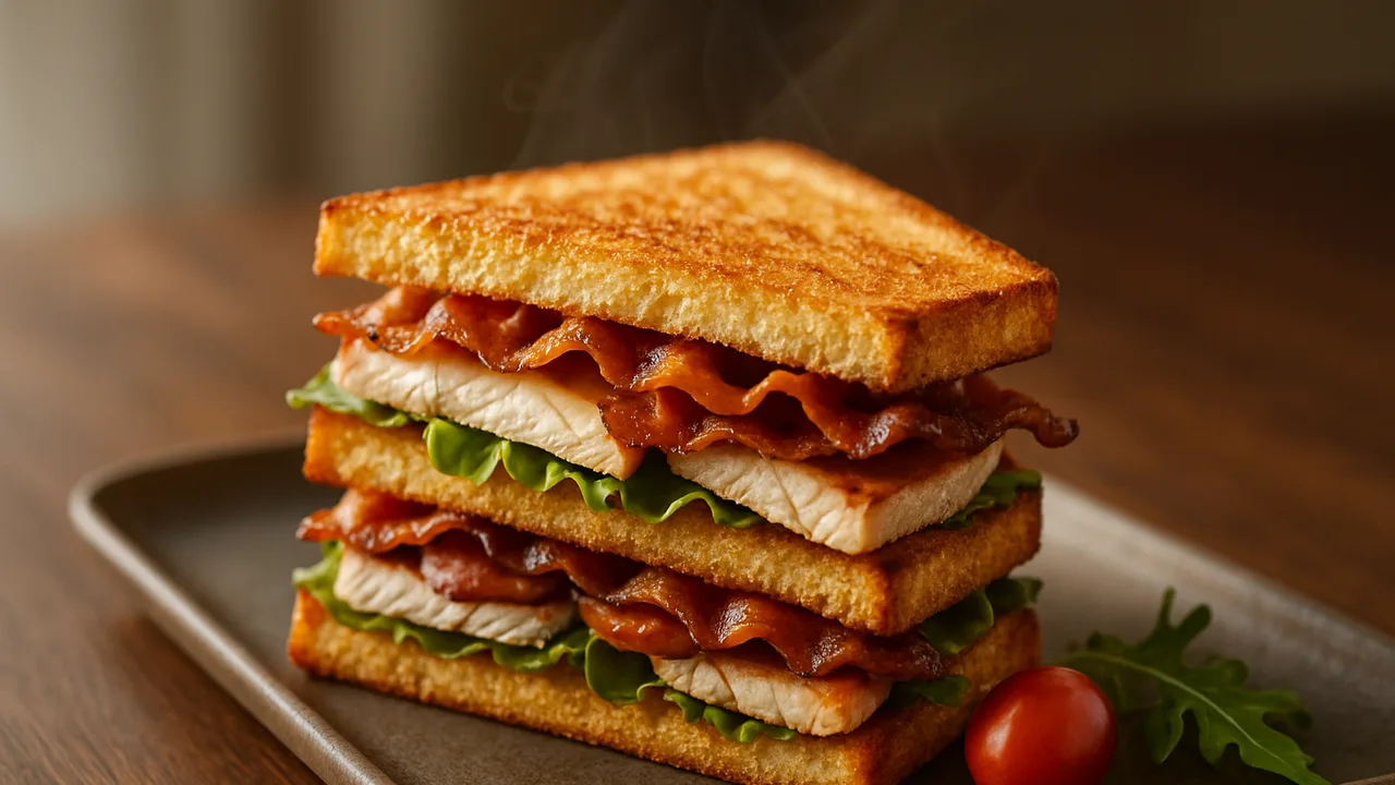 Club-Sandwich mit Hähnchen und Speck aus dem Airfryer mit Toastbrot und Hähnchenbrust, auf dunklem Walnussholz angerichtet.