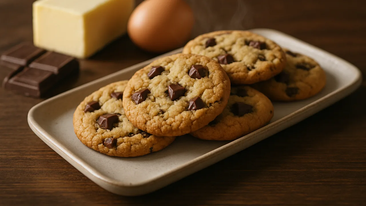 Cookies mit Schokostückchen aus dem Airfryer mit Butter und Ei, auf dunklem Walnussholz angerichtet.