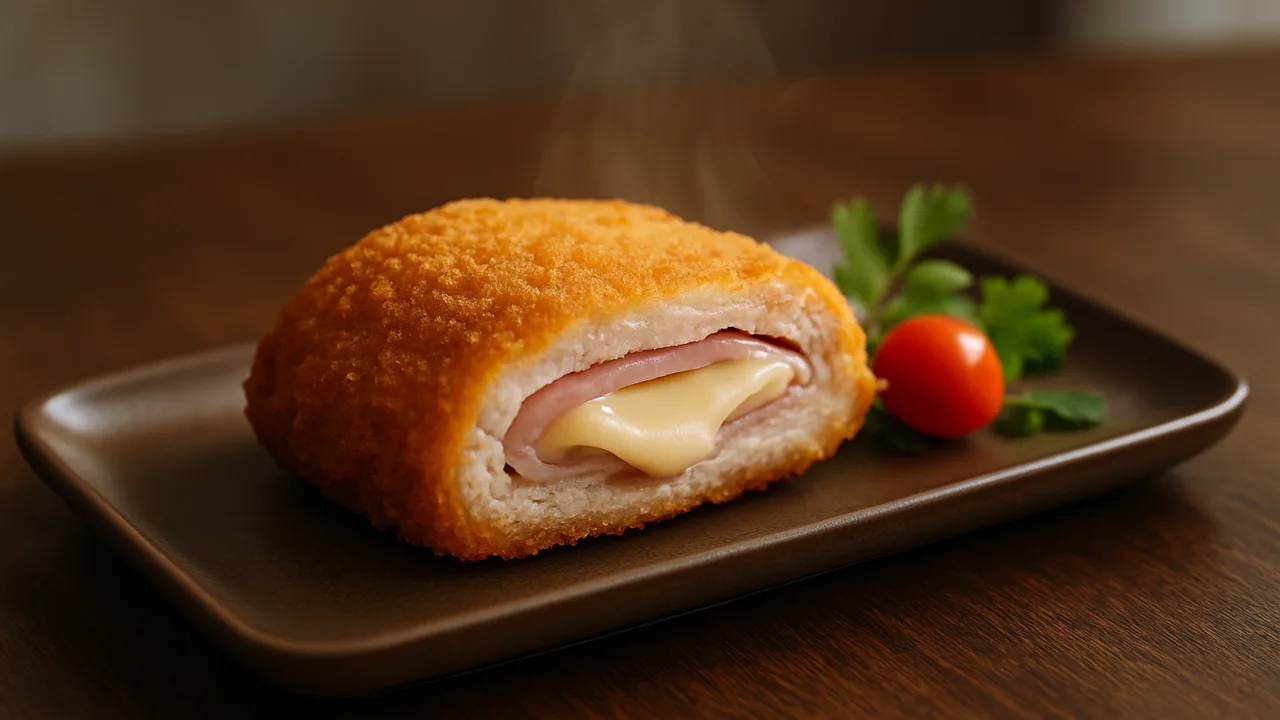 Cordon Bleu aus dem Airfryer – TK knusprig mit TK Cordon Bleu, auf dunklem Walnussholz angerichtet.