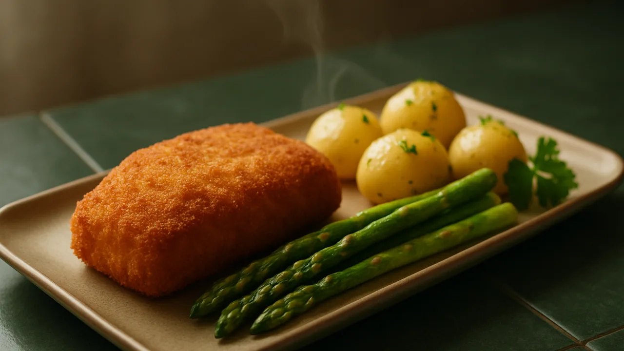 Cordon bleu mit Spargel und Kartoffeln aus dem Airfryer mit Cordon bleu und Kartoffeln, auf dunkelgrünen Fliesen angerichtet.